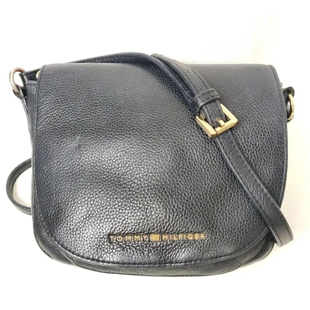 VTG TOMMY HILFIGER BLUE GENUINE LEATHER MESSENGER SHOULDER BAG X-BODY HANDBAG